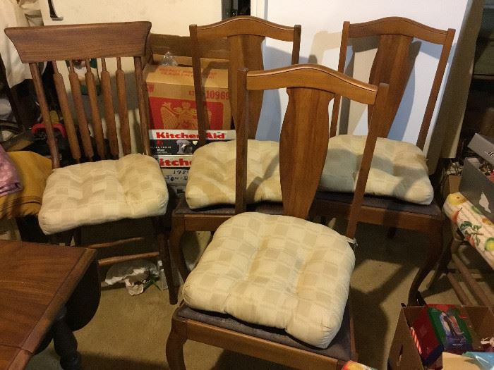 -Three of the chairs measure 38" tall, 21 1/2" tall from floor to seat, 19 1/2" wide, and 19 1/2" deep; the other chair measures 38 1/2" tall, 20 1/2" tall from floor to seat, 19 1/2" wide, and 18" deep