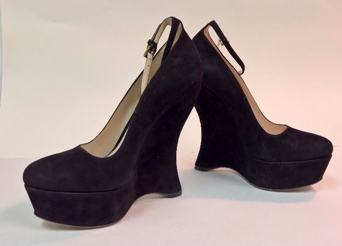 83 - Prada Black Suede Wedges  With Ankle Strap   Never Worn   Size 38    