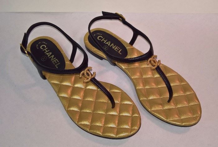 71 - Chanel Black Gold Quilted Bottom Flat Sandals    Never Worn    Size 38     