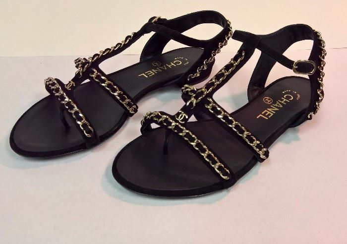 73 - Chanel  Gold Thong Sandals with Chains   Never Worn   Size 38    