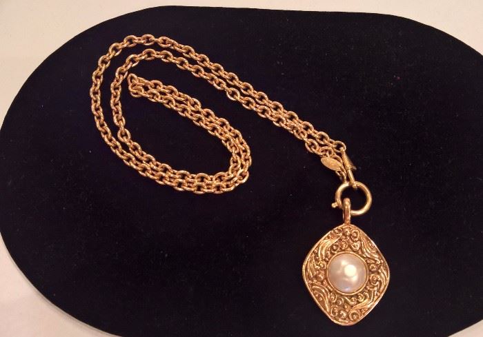 CL 108  - Chanel  Vintage Gold tone Watch Chain and Pearl Medallion       