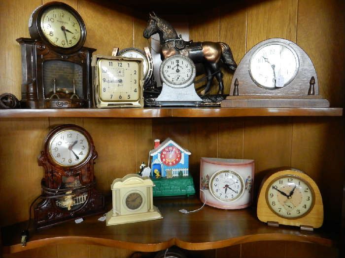 Clock collections from 2 different estates. Tall case, regulator, black mantle, shelf, wall, sunburst, etc.