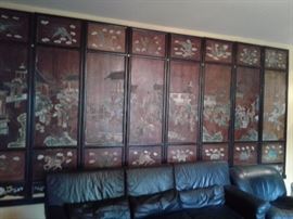 Huge Asian Black Laquer Royal life Wood 8 Panel Dragon + Phoenix