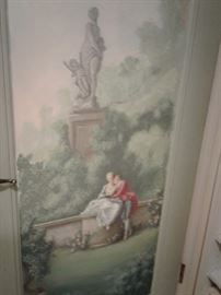 Hand painted door with 1700s pastoral scene of a young French couple