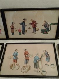 6 Small Watercolor Chinese Tea Merchant weighing packing