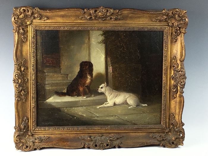 Great antique 2 dogs painting late 19th C.