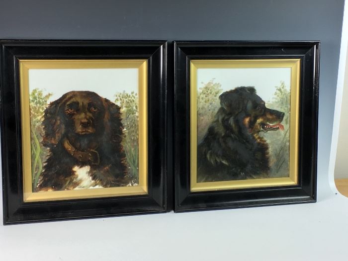 Pair great antique dog paintings signed!