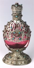 Gorgeous French Silver Over Cranberry Glass with Jewels Perfume Bottle