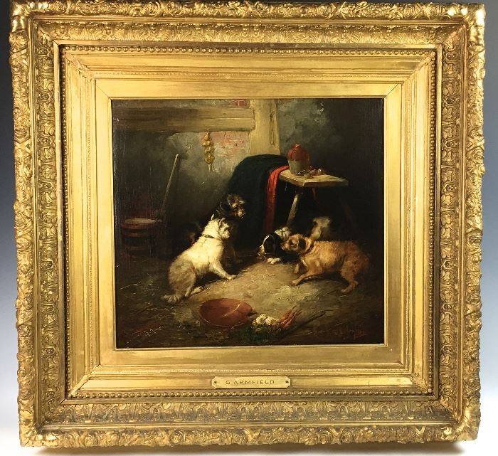 Great George Armfield "Terriers Ratting in the Barn" Oil Painting in Ornate Gilt Frame, C. 1870