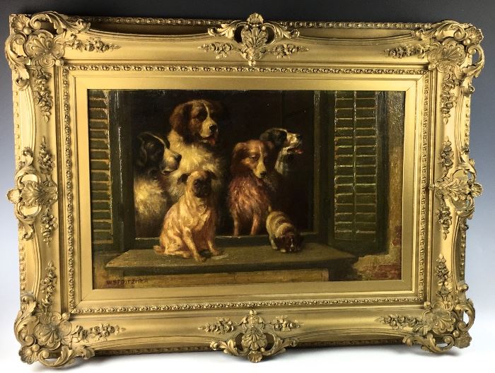 Antique Painting of a Group of Dogs at Their Windowsill Mounted in Original Gold Gilt Ornate Frame, C. 1880