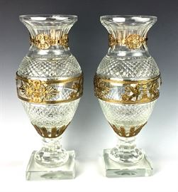 Pair Baccarat Crystal and Bronze Vases  