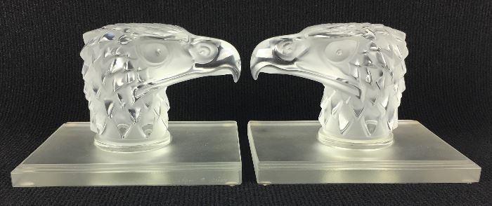 Signed Pair of Lalique Eagle Head Bookends       