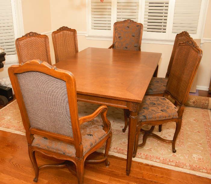 Walnut finish table, six chairs, 2 leaves, table pads included