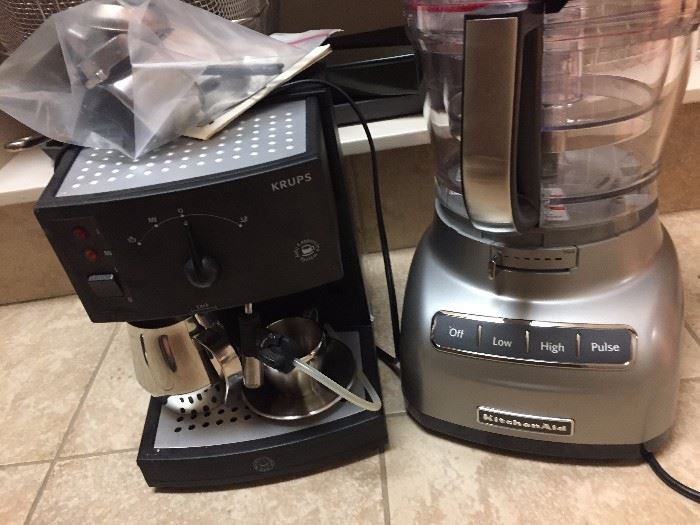 professional size Kitchen Aide food processor and a Krups cappuccino  machine