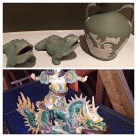 so many beautiful smalls including this Jasperware and this very cool Asian statue of a warrior on a Dragon