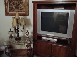 Entertainment Center, Glass End tables, Lamps
