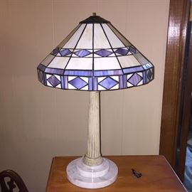Plastic simulated stained glass lamp with metal base