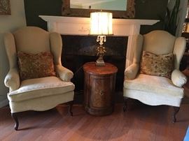 - Pair of Wing Back Chairs - High End, Silk Upholstery Excellent Condition.                                                                                   - Mid Century Modern Oval Side Cabinet - "Drexel 
 Heritage"                                                                                                      -
- Brass Stem Table Lamp with Crystal Deco