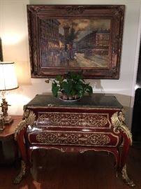 * List Artist's Original Oil Painting of "Paris City View"           * Solid  Wood  2 Drawer Commode with Heavy Brass Embellished