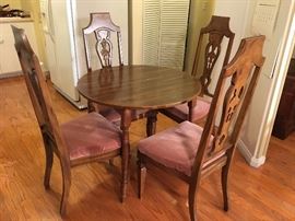 Round Table (One Attachable Leaf)                                                         4 Solid Wood Chairs with Brand New Upholstery 