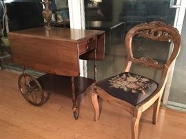 Vintage Solid Wood Cart                                                                                  Solid Wood Chair with needle Point Upholstery