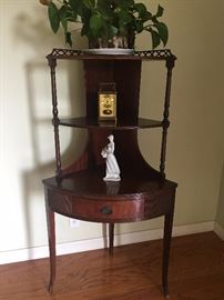 - Antique Mahogany Corner Shelves                                                    - Bras Mantle Clock, Germany , Working                                          - Lladro Figurine