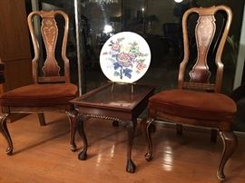 - Pair of Chippendale Style Chairs                                                                                             - Solid Wood Carved Side Table                                                                         - Wedgewood Decorative Dish,  16 1/2"