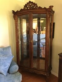 Gorgeous Solid Wood Curio with Glass Back,             
 Wood Carved Crown Top.                Made in Italy                              L37xW17xH80