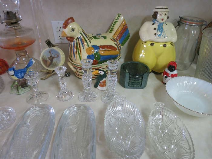 Vintage Dutch Boy Cookie Jar, Chicken Roll Warmer, Nice Antler Coaster Holder With Coasters!