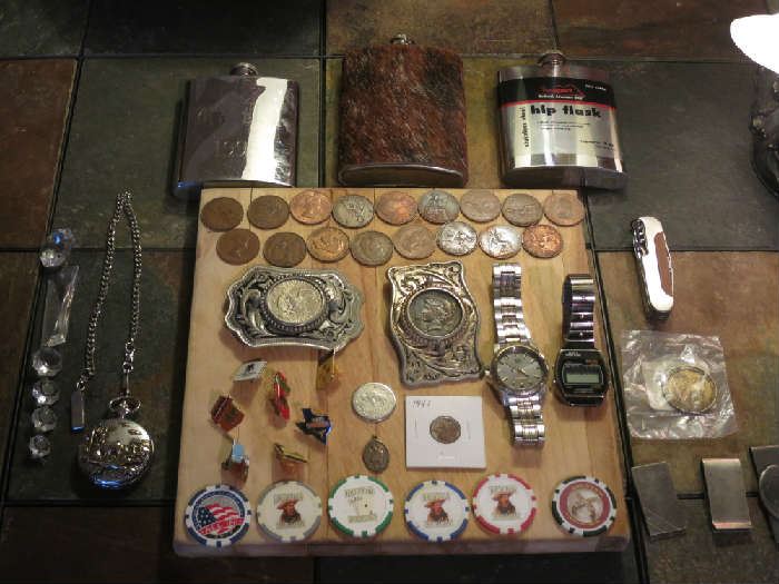 Georgeivs Vi Coins, Deadwood Wild Bill Hickok Poker Chips, Silver Dollar Belt Buckles, Flask And More!