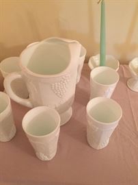 Milk glass set - pitcher, glasses and candle holders