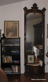 Large Victorian Renaissance Pier Mirror, Marble on base, also heavily carved Finial Section and inlay on base.8 ft 6 inches tall, 32 1/2 inches wide at the top, 31 inches wide at base, 12 1/4 inches in depth at base.