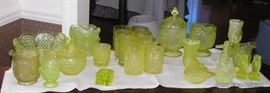 Eapg 1880's Richard Hartley Canary Yellow Vaseline glass pieces, also opalescent Vaseline glass shoe and more...