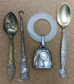 Four small Sterling pieces, Child's Mother of Pearl and Sterling SilverTeething ring , Sterling handled hook, Gorham teaspoon, Sterling Silver Mobile Al Tourist Demitasse spoon.