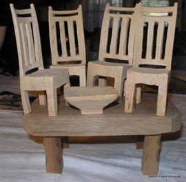 Hand Made Doll House Table, Chairs and Dough Bowl