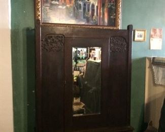 Antique Oak Armoire, Large Street Scene Custom Framed Giclee' 