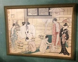 1920-30 Japanese  Bathing Scene Watercolor 