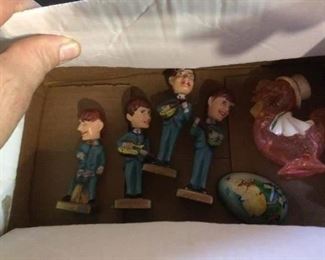 Beatles Bobble Heads and Antique Baby Rattle of Rooster in Tux