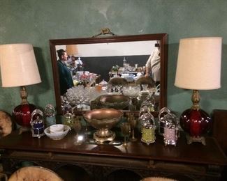 Pickle Casters, Brass Punch Bowl, Vintage Red Glass Lamps