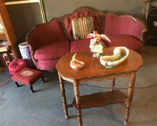 Antique French Sofa, 50’s Pottery, Needlepoint stool, etc