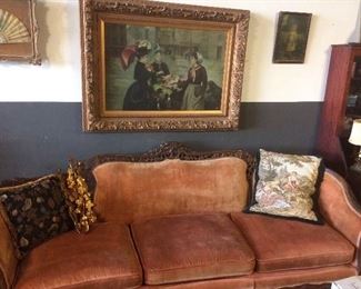 Antique French Sofa, Large Oil Painting