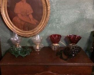 Oil Lamps with Iron Wall Brackets, Jenny Lind Print, Walnut Blanket Chest