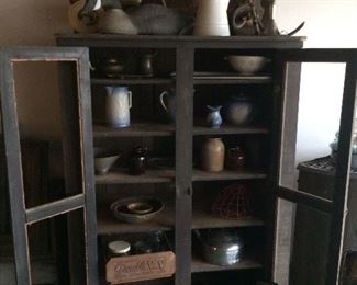 Grey Primitive Cupboard and Primitives, Iron, etc