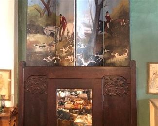 Hand painted Screen,   Antique Oak Armoire