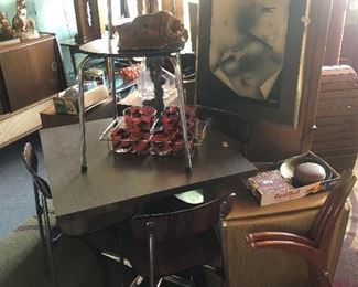 4 Rosewood /Chrome Chairs  with Vintage Table  Vintage Bar set , Etc.