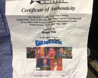 Certificate of Authenticity for Micheal York’s Blue French Cuff Shirt from Austin Powers Goldmember
