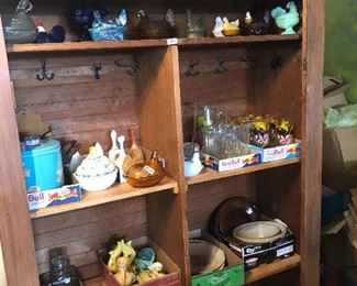 Animals / Chickens on Nest Collection, Art Pottery, Fiesta.  Oak armoire cabinet