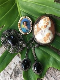 Victorian sterling and onyx brooch and earrings, and sterling cameo brooch