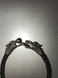 MENS STERLING SILVER DRAGON AND LEATHER BRACELET