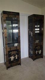2 Asian Inspired Lighted Display Cabinets with Mother Of Pearl Accent Design. Very Unique